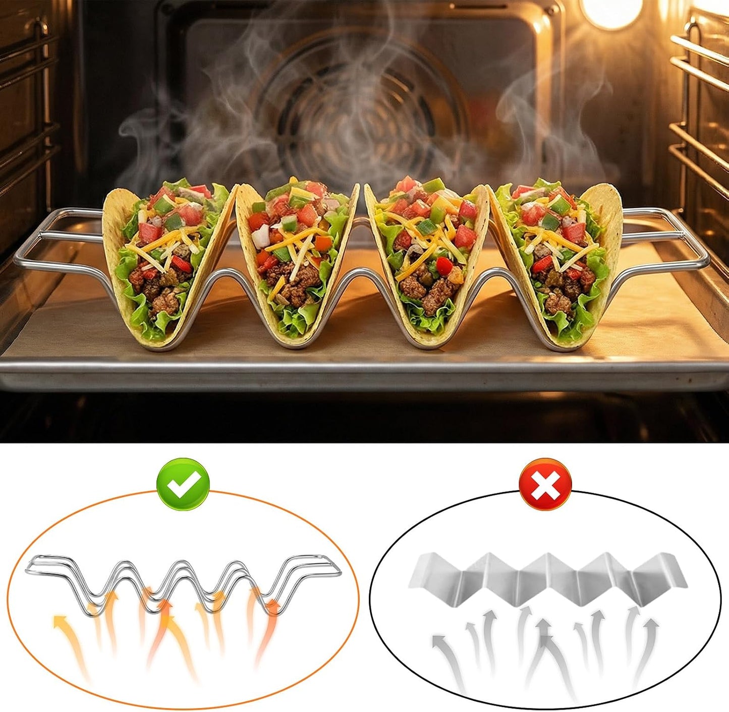 6 Pcs Taco Holders, Stainless Steel Taco Shell Holder Stand, Tacos Tray Plates, Holds 4 Tacos Each, Oven Safe for Baking, Dishwa sher and Grill Safe For Soft & Hard Shell with Handles