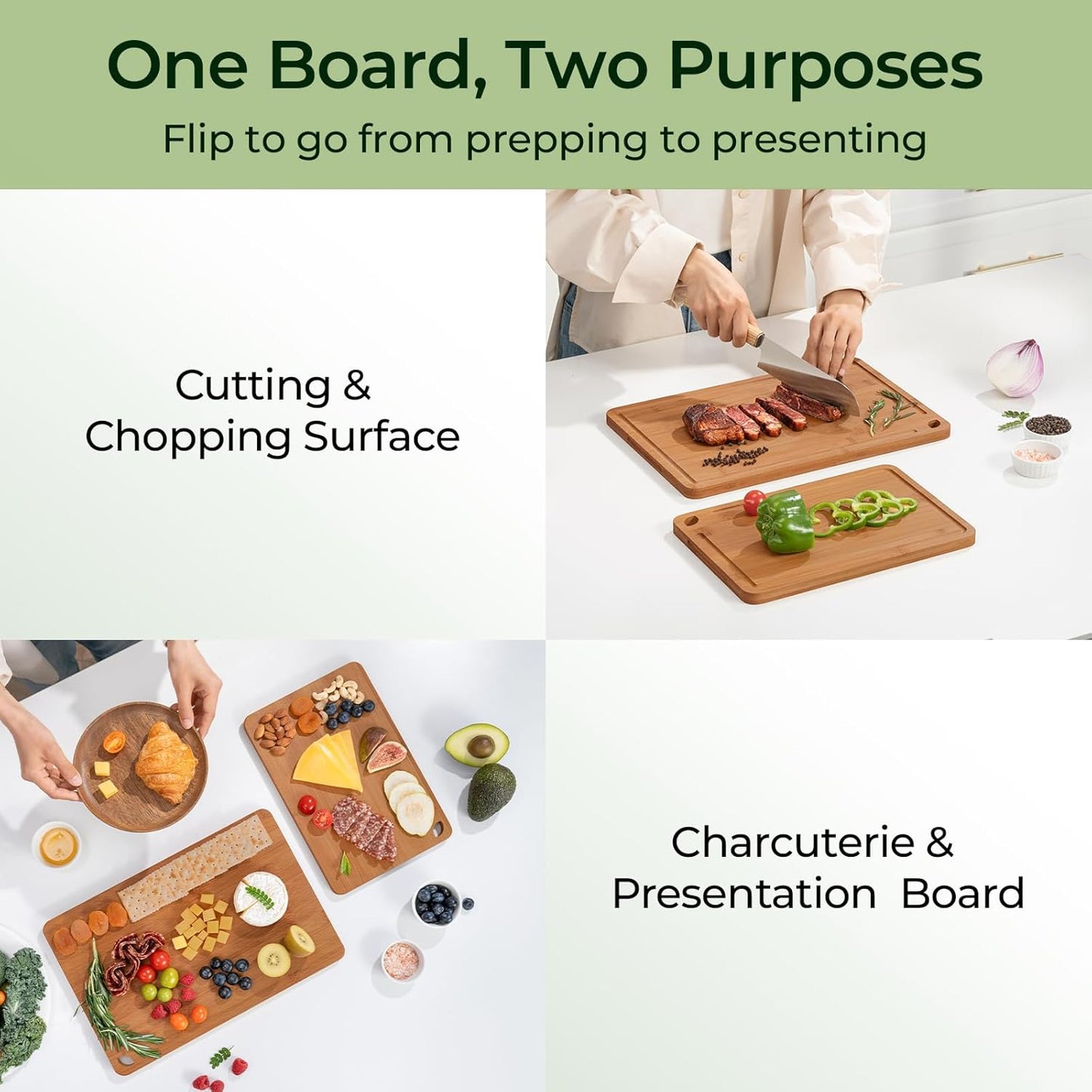 Keechee Wood Cutting Board for Kitchen - Reversible Bamboo Cutting Boards Gift Set of 3 with Juice Groove, Wooden Chopping Board for Meat, Fruit, Vegetables & Cheese (Pre Oiled, Natural)