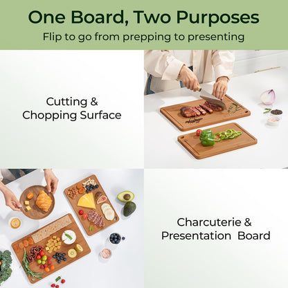 Keechee Wood Cutting Board for Kitchen - Reversible Bamboo Cutting Boards Gift Set of 3 with Juice Groove, Wooden Chopping Board for Meat, Fruit, Vegetables & Cheese (Pre Oiled, Natural)