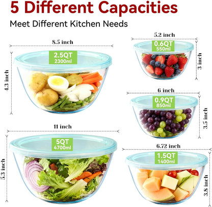 YUANYE 5 Pack Glass Mixing Bowls with Lids Set (5/2.5/1.5/0.9/0.6QT), Thick Glass Large Salad Bowl Set, Nesting Kitchen Bowls for Serving, Prepping, Cooking and Baking, Dishwasher,Oven,Microwave Safe