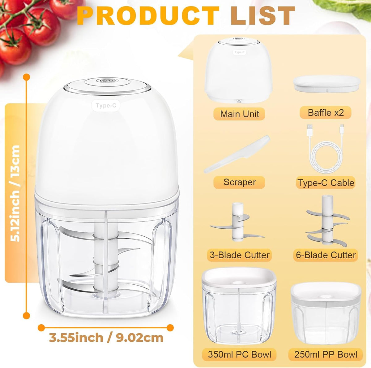 Electric Mini Food Chopper with 2 Plastic Bowls(1Cup&1.5Cup), White
