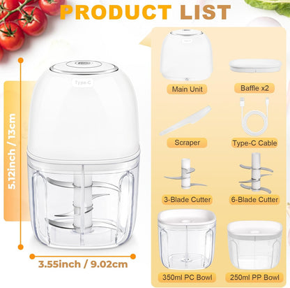 Electric Mini Food Chopper with 2 Plastic Bowls(1Cup&1.5Cup), White