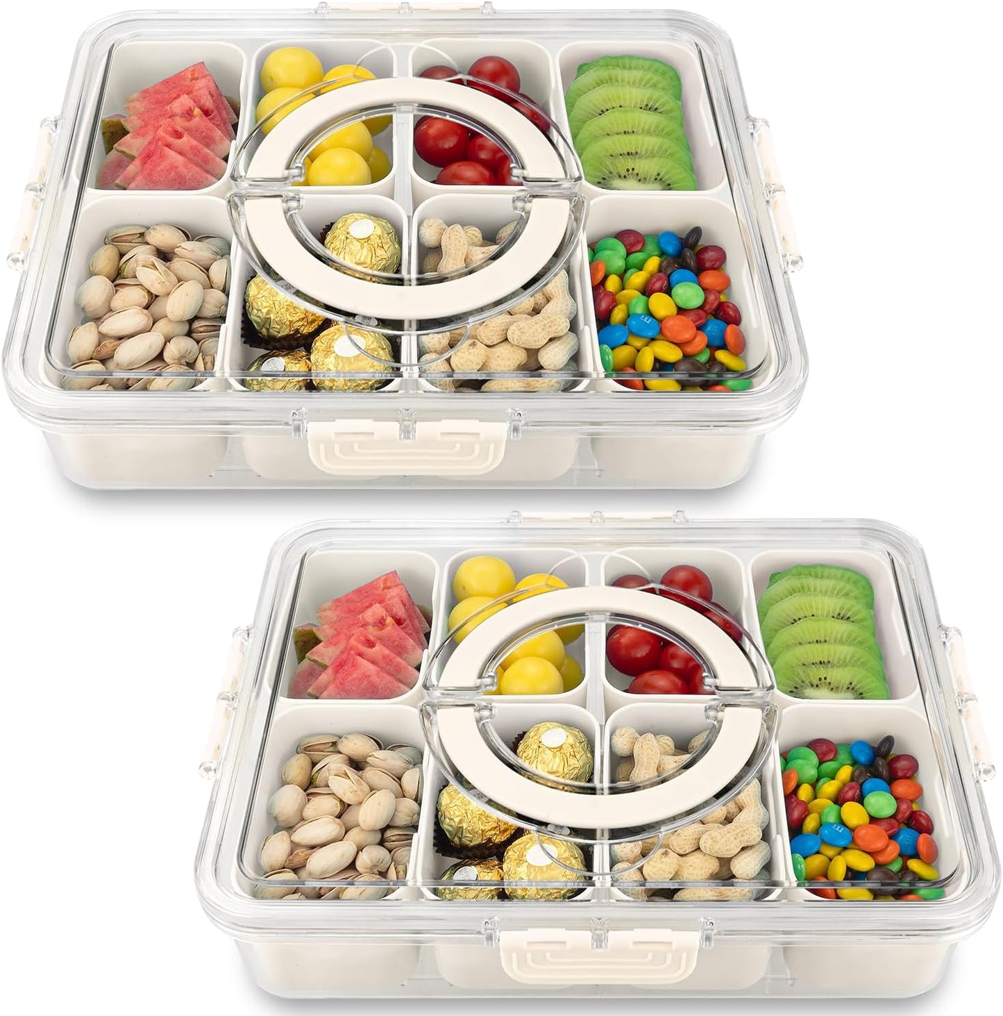 Divided Serving Tray with Lid and Handle,8 Compartments Snacks Box,Snack Fruit Tray,Veggie Tray,Portable Platter for Candy Fruits Nuts Snack Party Entertaining Picnic (2PCS Pink)