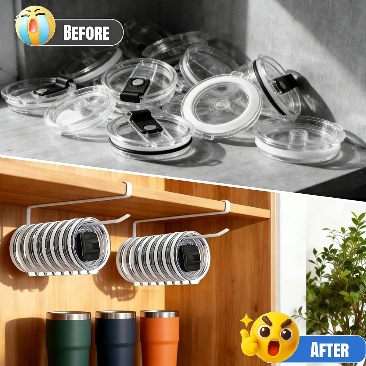 Tumbler Lid Organizer, No Adhesive or Drilling, Kitchen Space Saver