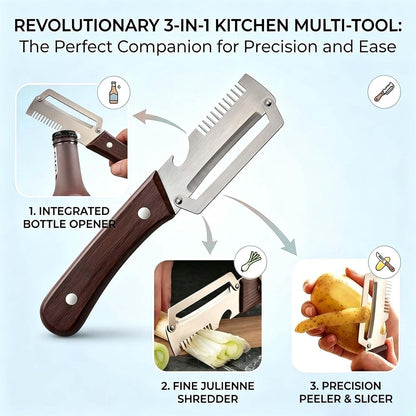 3 in 1 Multifunctional Vegetable Peeler with Julienne & Bottle Opener, German High-Carbon Stainless Steel Blade, Ergonomic Non-Slip Wooden Handle, Handheld Peeler Slicer for Fruits & Vegetables(1PCS)