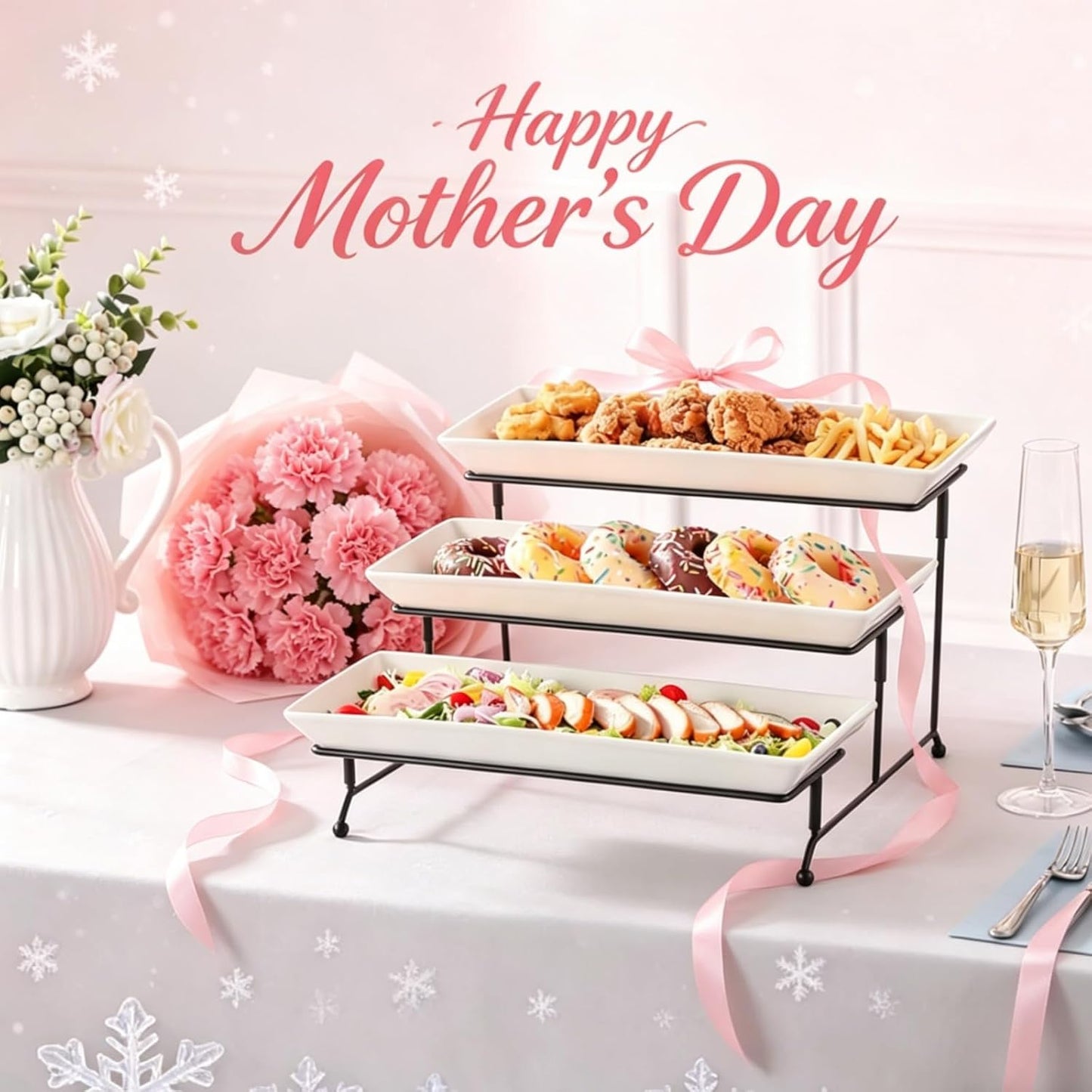 MALACASA 3 Tier Serving Trays for Party, Porcelain Serving Platters and Trays, 12 Inch Tiered Tray Stand, Fruit Tray, Trays for Serving Food, White Dessert Stand with Collapsible Sturdier Metal Rack