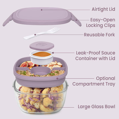 Bentgo Glass Salad Container - 7.6-Cup Salad Bowl with Airtight Lid, Leak-Proof Sauce Container, 4-Compartment Bento Tray & Reusable Fork - BPA-Free for Meal Prep, Office & More (Light Blue)