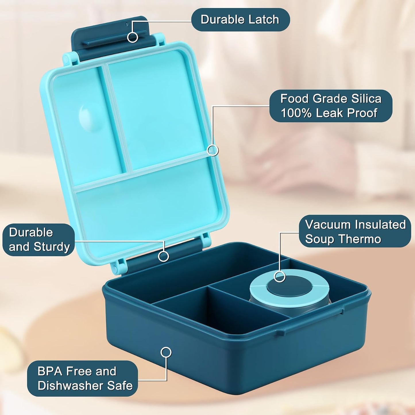 Itslife Bento Lunch Box for Kids with 8oz Soup Thermo&Lunch Bag, Leak-Proof Lunch Food Containers with 4 Compartment, Hot Food Insulated Food Jar for Kids School (Green)