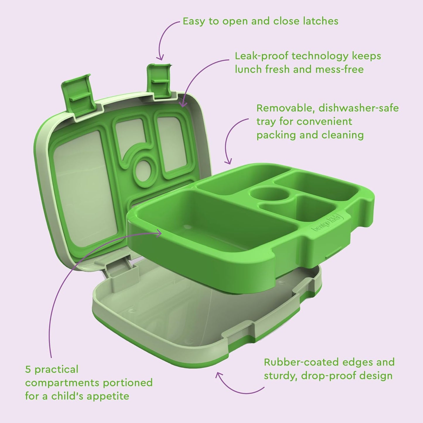 Bentgo Kids Bento-Style 5-Compartment Leak-Proof Lunch Box - Ideal Portion Sizes for Ages 3 to 7 - Durable, Drop-Proof, Dishwasher Safe, PFAS & BPA-Free & Made with Food-Safe Materials (Purple)