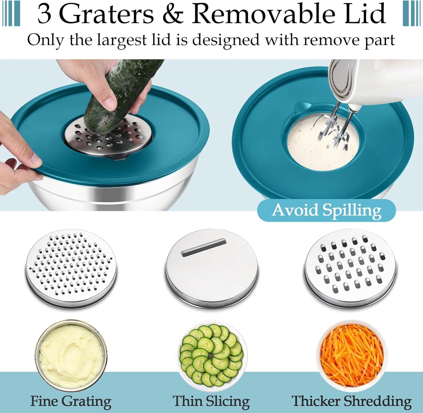 TeamFar Mixing Bowls, Stainless Steel Nesting Salad Bowls with Lids Set of 3 & 3 Grater Attachments, For Mixing/Serving/Storing, Non-toxic & Long-lasting, Size 4.6/3 / 1.5 QT, Black