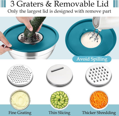 TeamFar Mixing Bowls, Stainless Steel Nesting Salad Bowls with Lids Set of 3 & 3 Grater Attachments, For Mixing/Serving/Storing, Non-toxic & Long-lasting, Size 4.6/3 / 1.5 QT, Black