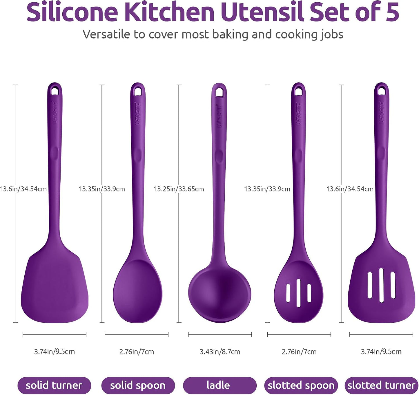 600ºF Heat Resistant Kitchen Utensil: U-Taste 13.6" Extra Long Silicone Cooking Tools Set, Food-Grade Non-Stick Solid and Slotted Turner Spatula, Mixing Spoon, and Soup Ladle (5 Pieces, Aqua Sky)