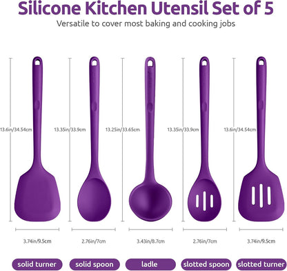 600ºF Heat Resistant Kitchen Utensil: U-Taste 13.6" Extra Long Silicone Cooking Tools Set, Food-Grade Non-Stick Solid and Slotted Turner Spatula, Mixing Spoon, and Soup Ladle (5 Pieces, Aqua Sky)