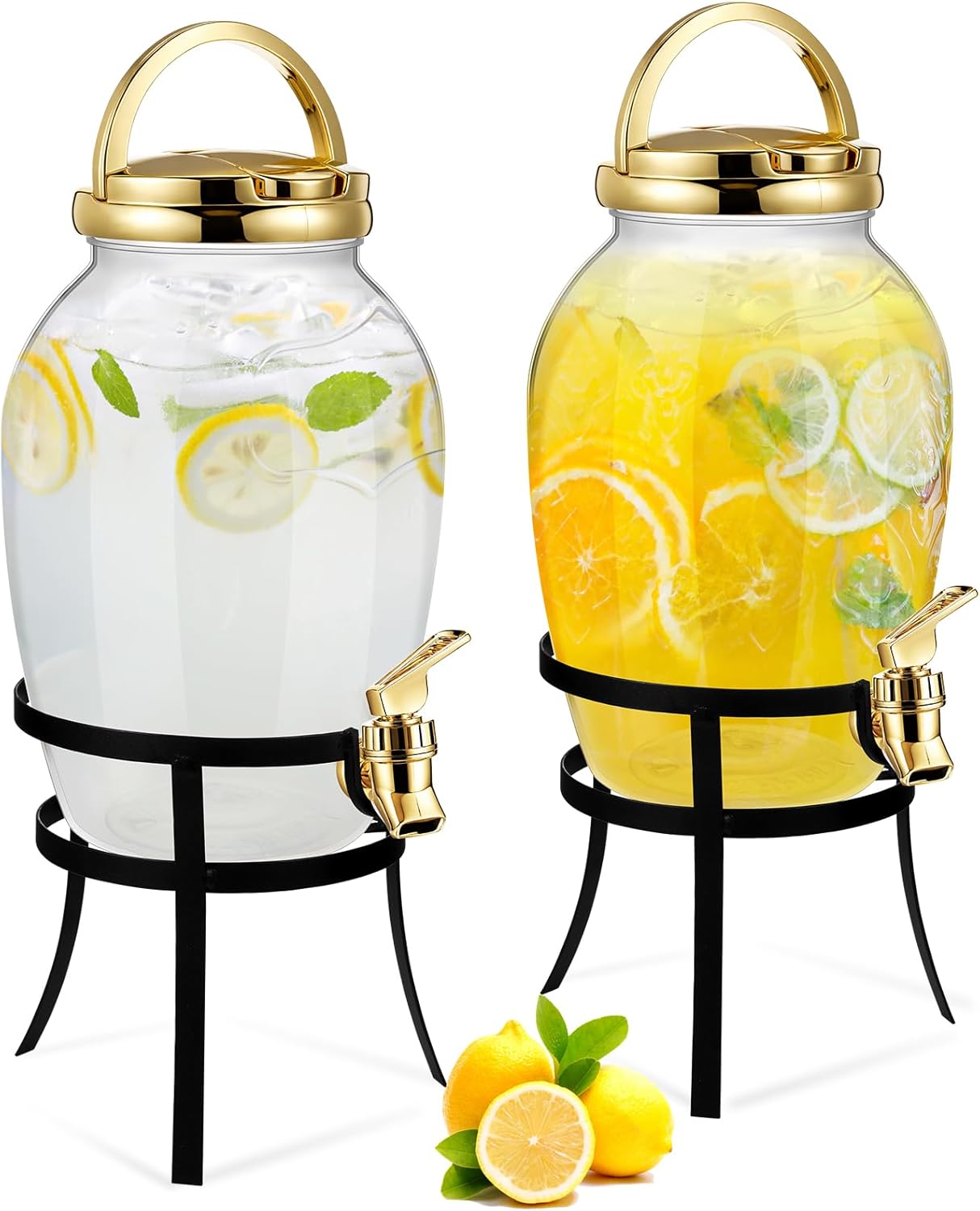 Havawish 2 Pack 1.16 Gallon Drink Beverage Dispenser with Stand for Parties Plastic Water Lemonade Juice Dispenser with Spigot and Lid for Countertop Weddings(Gold)