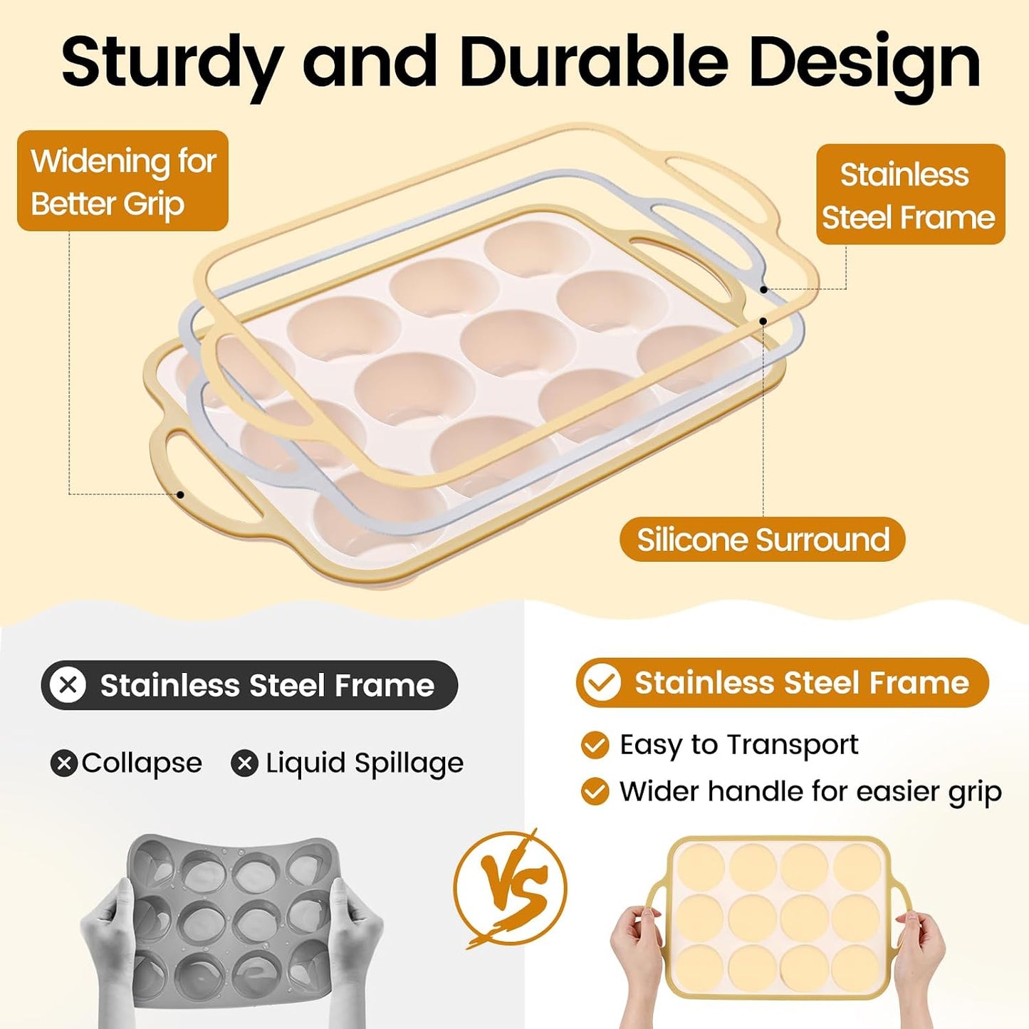 Silicone Muffin Pans for Baking 2 Pack, 2.6 Inch with Metal Reinforced Frame, Regular Size Nonstick Cupcake Pan 12 Cups for Baking Homemade Muffins, Dishwasher Safe BPA Free-Blue