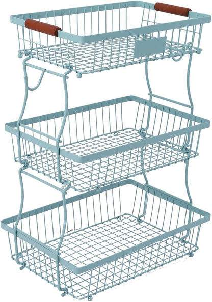 2-Tier Stackable Wire Basket with 2 Banana Hooks, Pantry Organizer for Kitchen Countertops, Cabinets & Under-Sink Spaces; Ideal for Storing Snacks, Fruits, Veggies, Onions, Potatoes, & More,Black
