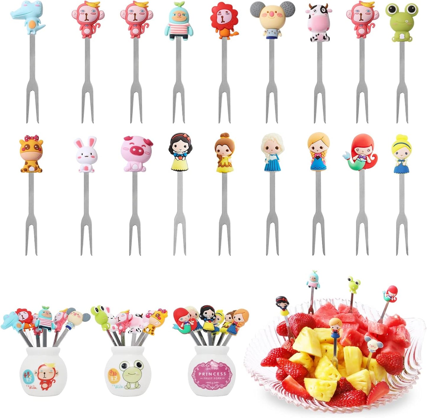 18 Pcs Food Picks for Kids with 3 Ceramic Jars, Set of 3 Cute Cartoon Fruit Forks Kids Stainless Steel, Animal Food Picks Fruit Picks for Kids Bento Picks for Appetizers