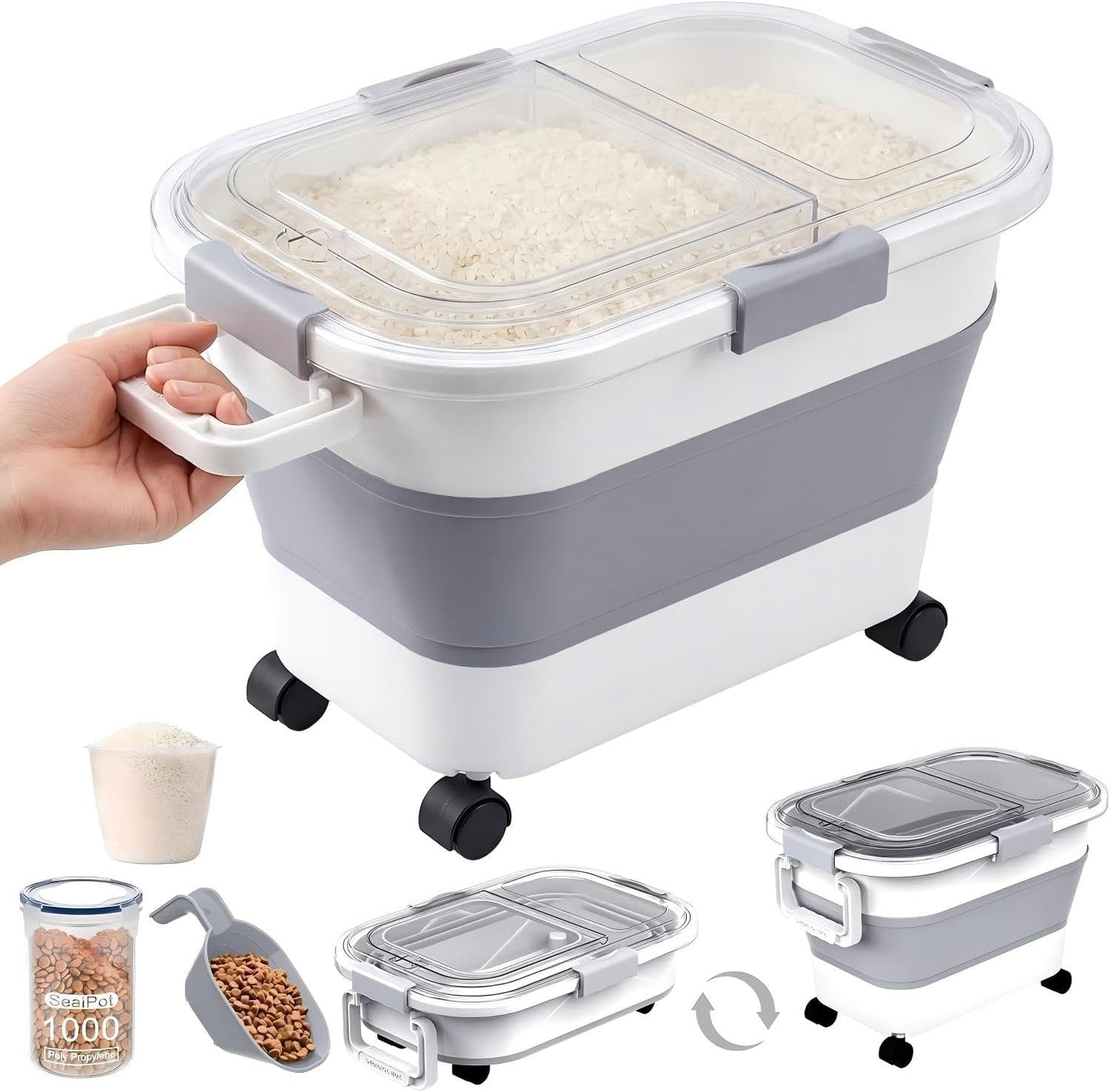 30 Lbs Rice Storage Container with Wheels, Collapsible Airtight Dog Food Storage Container with Transparent Lid, Measuring Cup, Scoop, Handle, BPA Free Rice Holder for Pet Food, Grain, Bird Seed