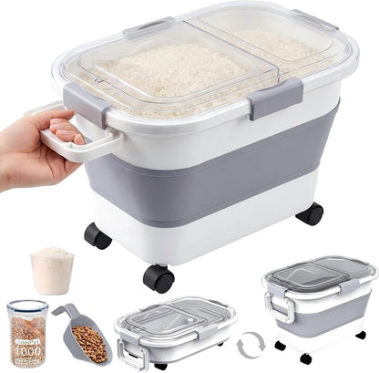 30 Lbs Rice Storage Container with Wheels, Collapsible Airtight Dog Food Storage Container with Transparent Lid, Measuring Cup, Scoop, Handle, BPA Free Rice Holder for Pet Food, Grain, Bird Seed