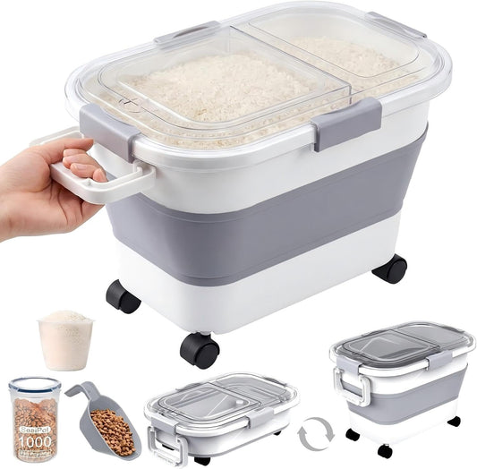 30 Lbs Rice Storage Container with Wheels, Collapsible Airtight Dog Food Storage Container with Transparent Lid, Measuring Cup, Scoop, Handle, BPA Free Rice Holder for Pet Food, Grain, Bird Seed