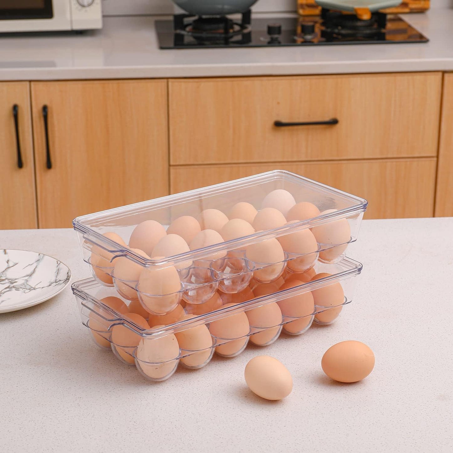 Sooyee 2 Pack Covered Egg Holders for Refrigerator,Clear 2X24 Deviled Egg Tray Storage Box Dispenser,Stackable Plastic Egg Cartons,Egg Holder Countertop(48 Eggs)