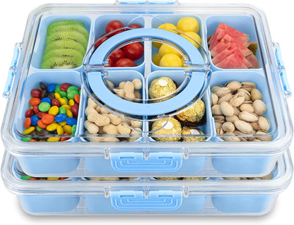 Divided Serving Tray with Lid and Handle,8 Compartments Snacks Box,Snack Fruit Tray,Veggie Tray,Portable Platter for Candy Fruits Nuts Snack Party Entertaining Picnic (2PCS Pink)