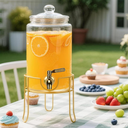 Glass Drink Dispensers For Parties, 1.5 Gallon Beverage Dispenser With Glass Airtight Lids, Gold Metal Stand And Stainless Steel Spigot. Lemonade & Juice Dispenser With Chalk board-One Pack