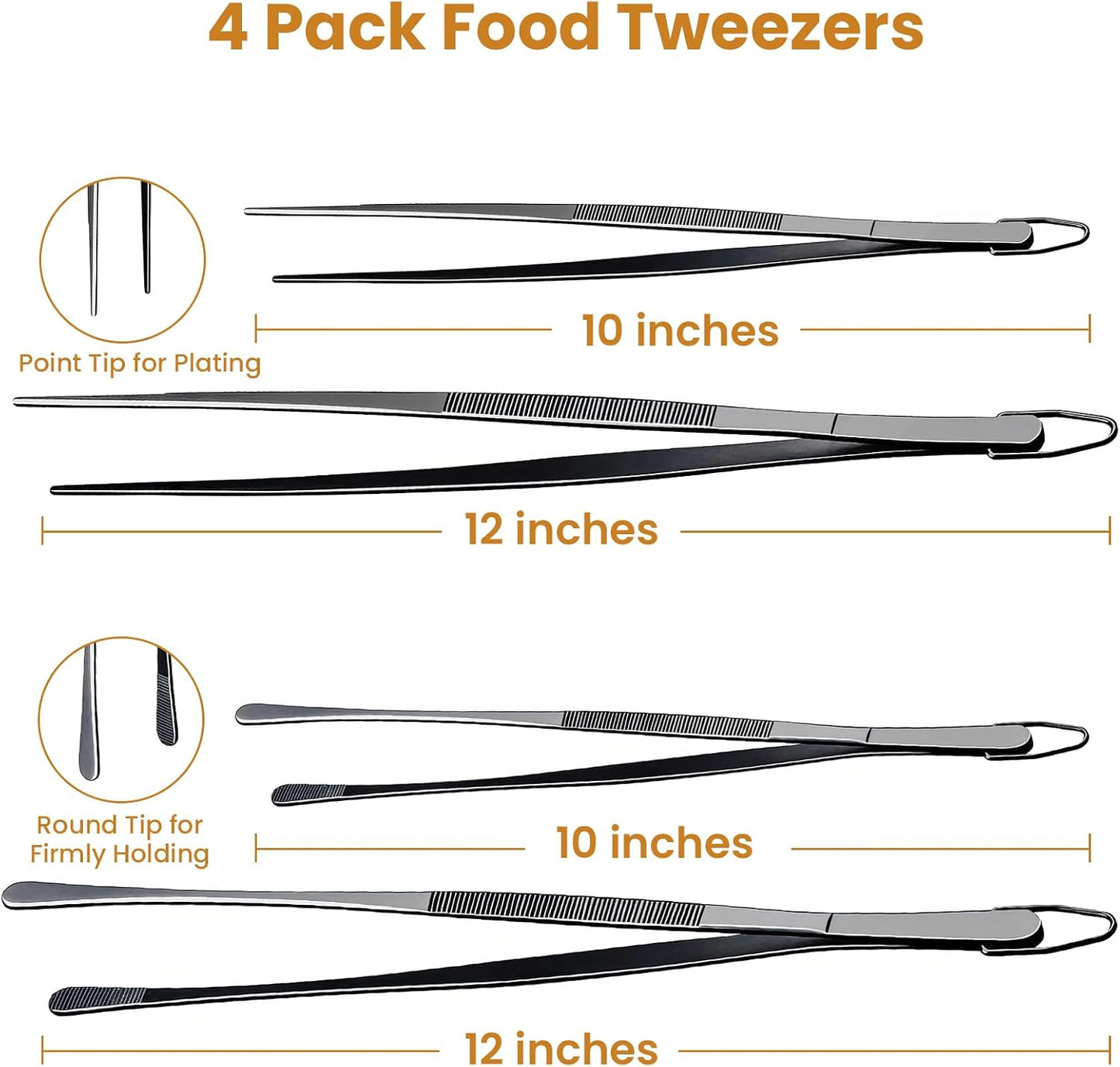 GEEKHOM 4-Piece 12 & 10-Inch Cooking Tongs: Professional Stainless Steel Scissor Tongs Set with Non-Slip Grip (Black)