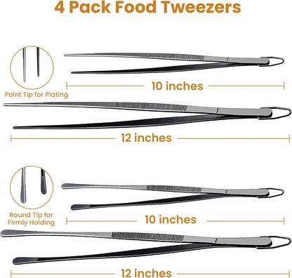 GEEKHOM 4-Piece 12 & 10-Inch Cooking Tongs: Professional Stainless Steel Scissor Tongs Set with Non-Slip Grip (Black)