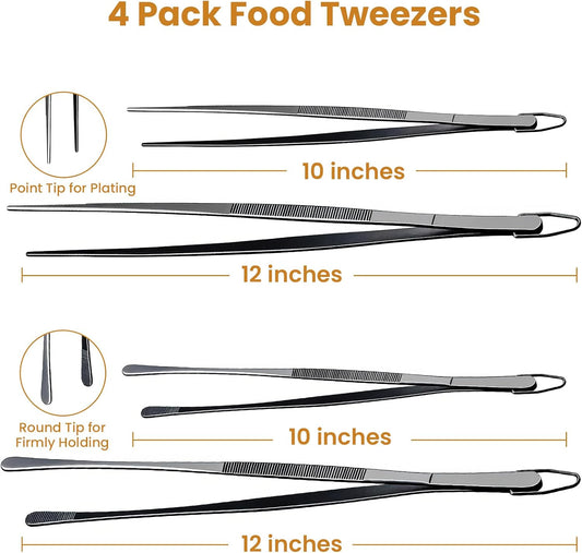 GEEKHOM 4-Piece 12 & 10-Inch Cooking Tongs: Professional Stainless Steel Scissor Tongs Set with Non-Slip Grip (Black)