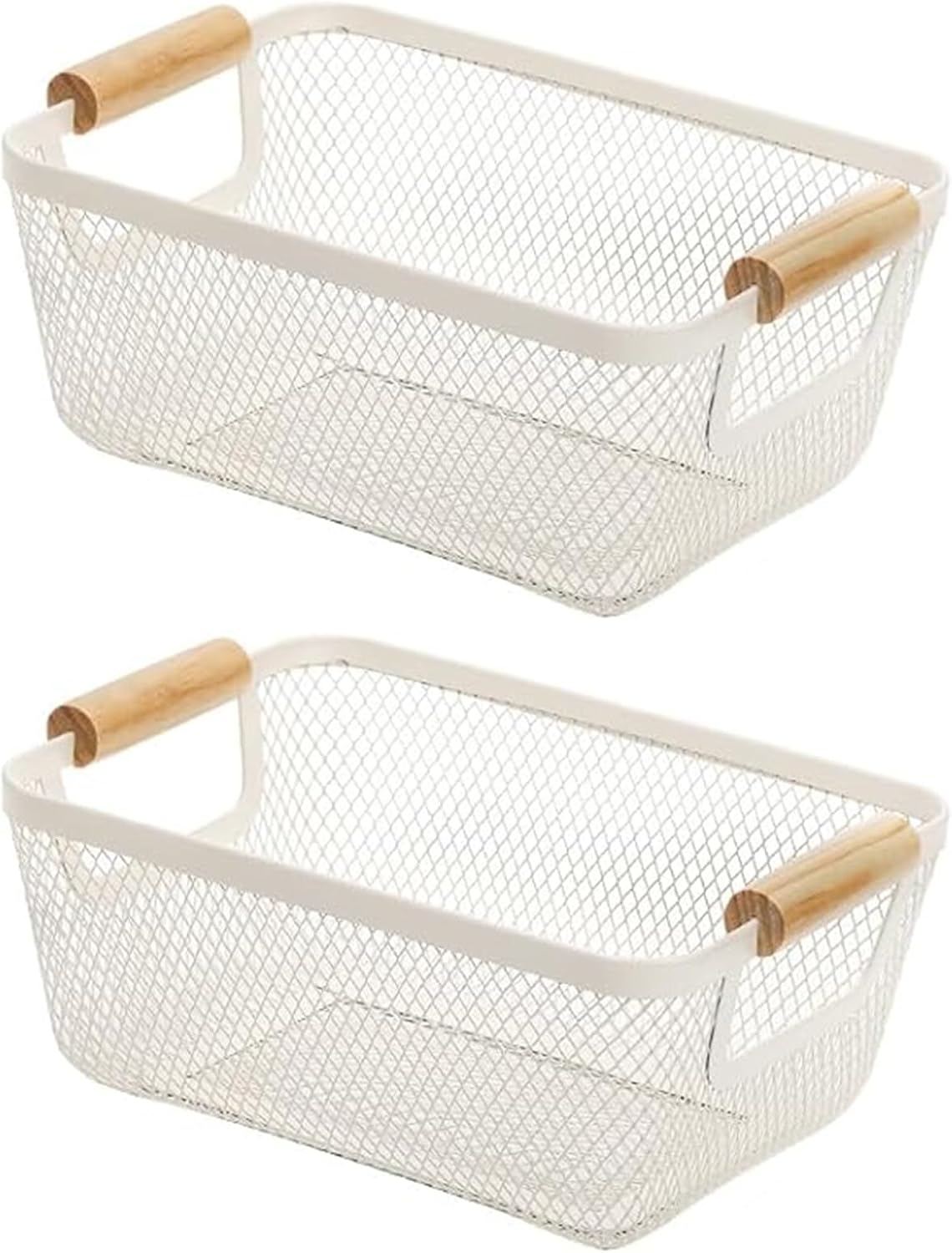 AJIODA Metal Mesh Steel Basket, Large Wire Storage Organizer Basket Multi-function Hanging Kitchen Baskets with Wood Handle for Kitchen Bathroom Picnic Home, Rectangle-Off White