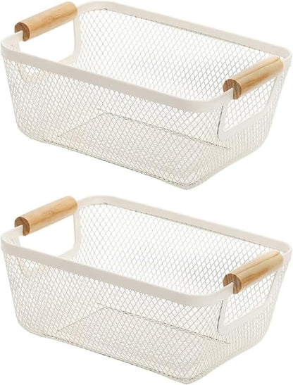 AJIODA Metal Mesh Steel Basket, Large Wire Storage Organizer Basket Multi-function Hanging Kitchen Baskets with Wood Handle for Kitchen Bathroom Picnic Home, Rectangle-Off White
