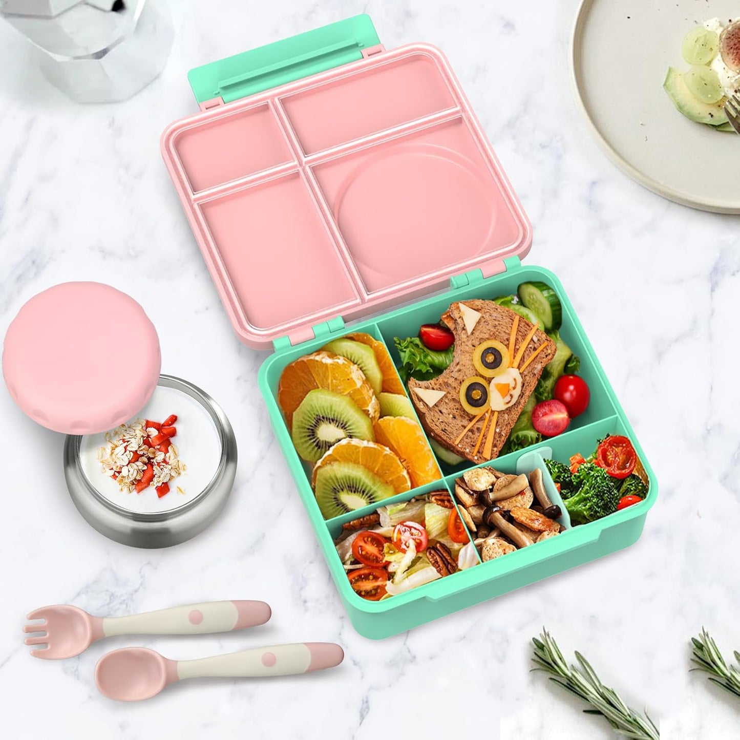 Bento Lunch Box Set for Kids with 8oz Soup Thermo, Leak-Proof Lunch Containers with 4 Compartment, Thermo Hot Insulated Food Jar and Foldable Fork Spoon, for Kids to School (pale pink)