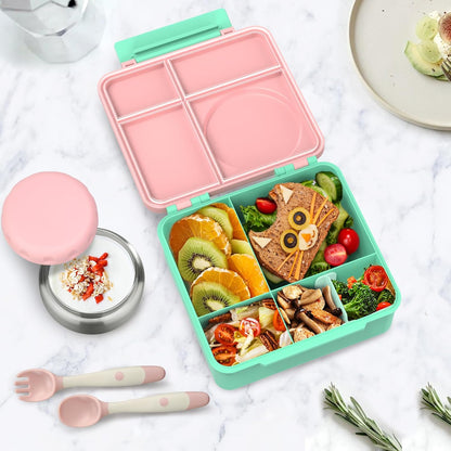 Bento Lunch Box Set for Kids with 8oz Soup Thermo, Leak-Proof Lunch Containers with 4 Compartment, Thermo Hot Insulated Food Jar and Foldable Fork Spoon, for Kids to School (pale pink)