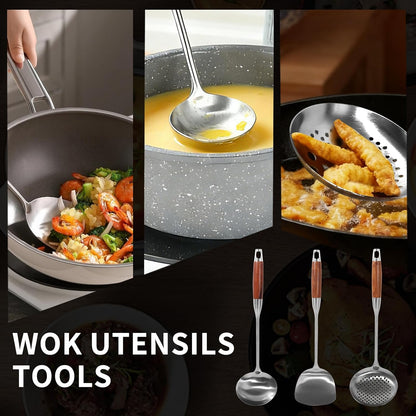 304 Stainless Steel Wok Utensils Set, 3-Piece 15 Inch Extra Long Professional Wok Tools with Wooden Handle, Includes Spatula, Skimmer & Soup Ladle for Carbon Steel Wok
