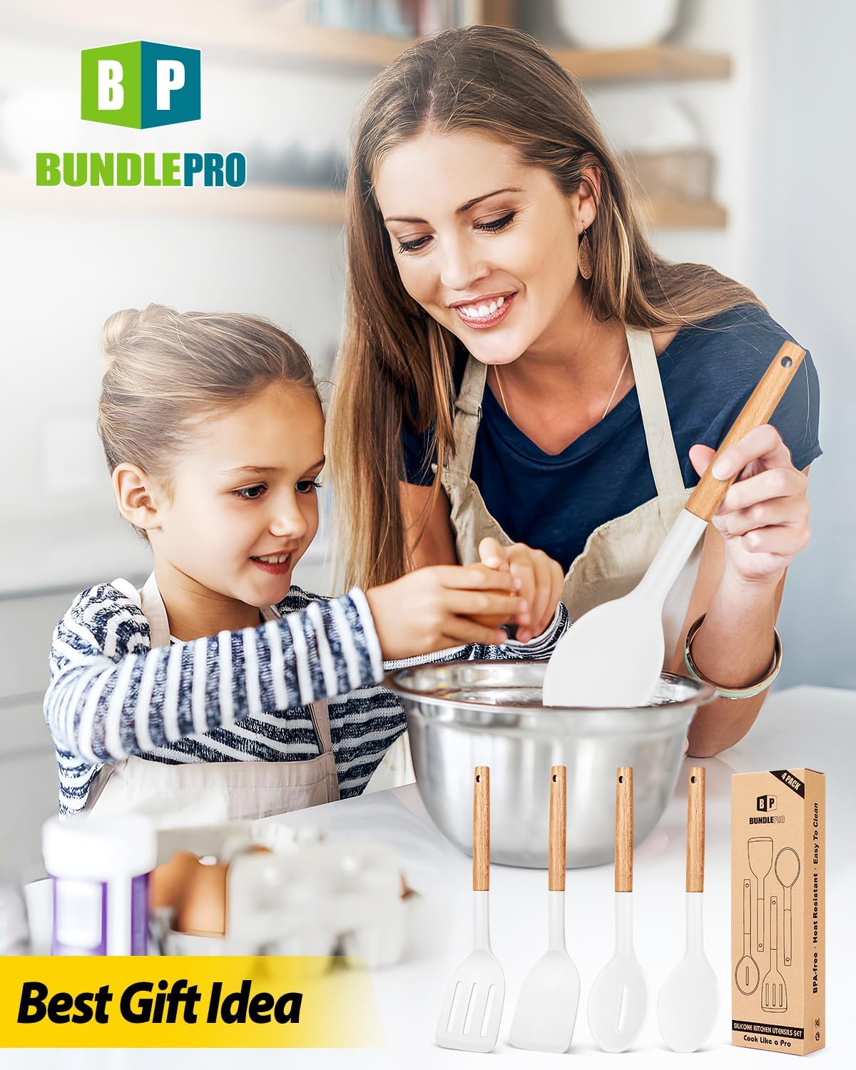 Pack of 4 Silicone Cooking Utensils Set, Non Stick Solid Spatulas and Heat Resistant Slotted Spoons with Wooden Handle, Ideal Wood Kitchen Utensils Set for Frying,Serving,Turning,Stirring (KHAKI)
