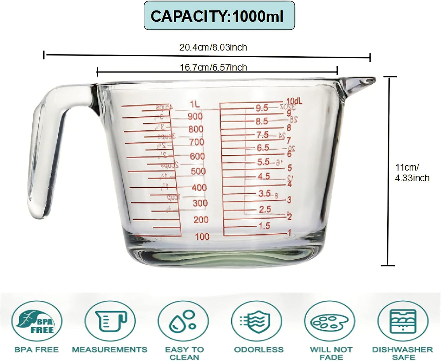 Glass Measuring Cups Set,BPA-Free Premium Heat Resistant Borosilicate Glass Measuring Cups with Handle, Precise Measurement Dl, Cups,OZ & Ml Scale, Easy-Pour Spout
