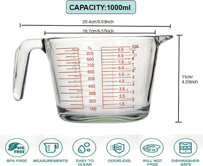 Glass Measuring Cups Set,BPA-Free Premium Heat Resistant Borosilicate Glass Measuring Cups with Handle, Precise Measurement Dl, Cups,OZ & Ml Scale, Easy-Pour Spout