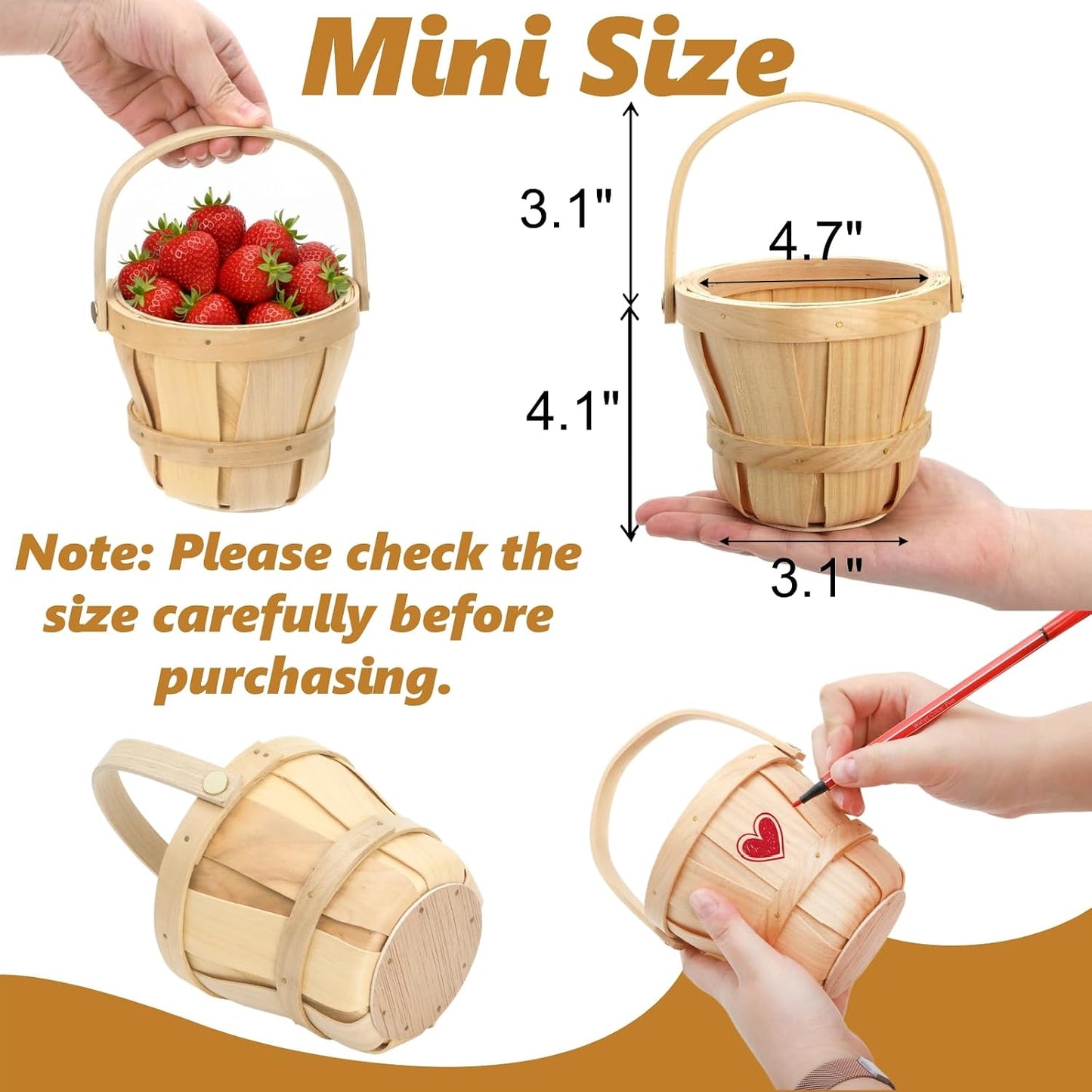 10 Pack Small Wooden Gift Basket, 4 x 4.7 Inch Round Woven Fruit Baskets Bulk, Mini Picnic Baskets with Handle for Easter Garden Picking Berry Vegetable Flower DIY Craft Wedding Party Home