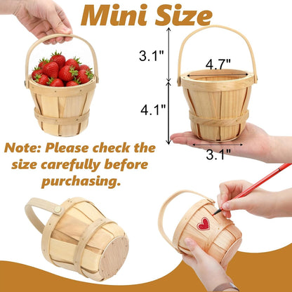 10 Pack Small Wooden Gift Basket, 4 x 4.7 Inch Round Woven Fruit Baskets Bulk, Mini Picnic Baskets with Handle for Easter Garden Picking Berry Vegetable Flower DIY Craft Wedding Party Home