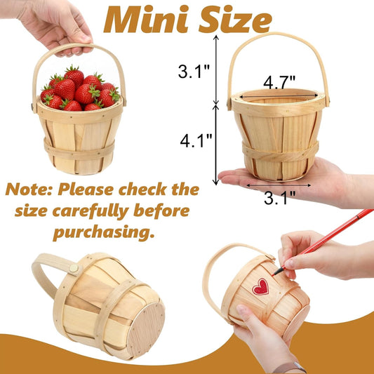 10 Pack Small Wooden Gift Basket, 4 x 4.7 Inch Round Woven Fruit Baskets Bulk, Mini Picnic Baskets with Handle for Easter Garden Picking Berry Vegetable Flower DIY Craft Wedding Party Home