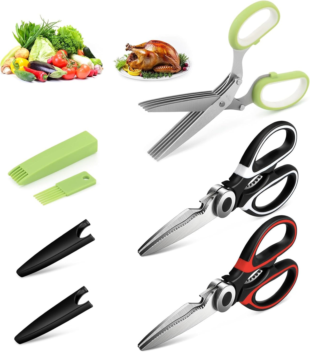 2 Pairs Herb Shears, 5 Blade Kitchen Salad Scissors Stainless Steel with Cover, Herb Scissors Upgrated Grinding Kitchen Shears for Chopping Cilantro Scallion & Salad (2 Pairs for Herb)