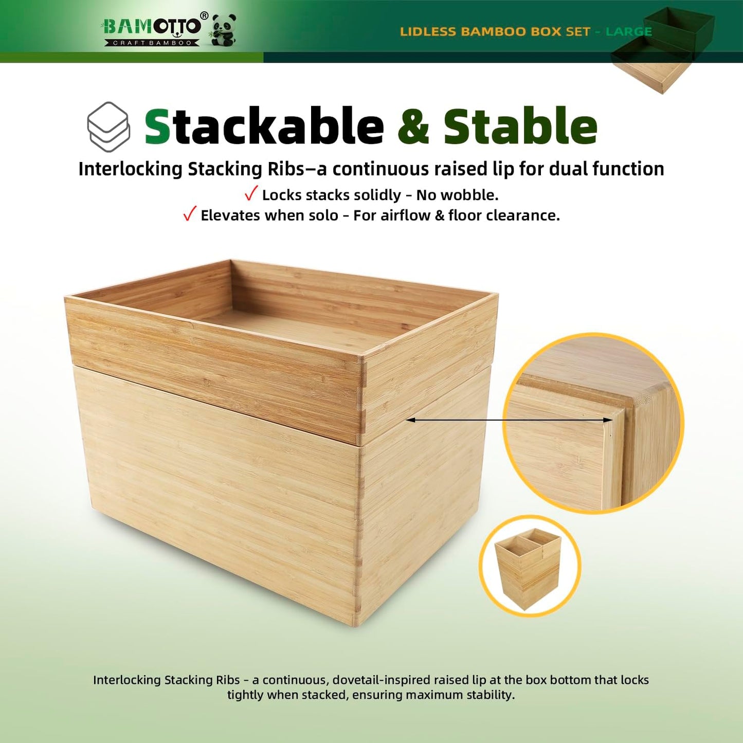 BAMOTTO CRAFTBAMBOO 2-Piece Large Bamboo Storage Box Set - 7.1in High Stackable Deep-Drawer Organizer, Lidless Bin for Kitchen Cutlery Utensils, Home & Office (14.6"x10.2"x7.1"+14.6"x10.2"x3.1")