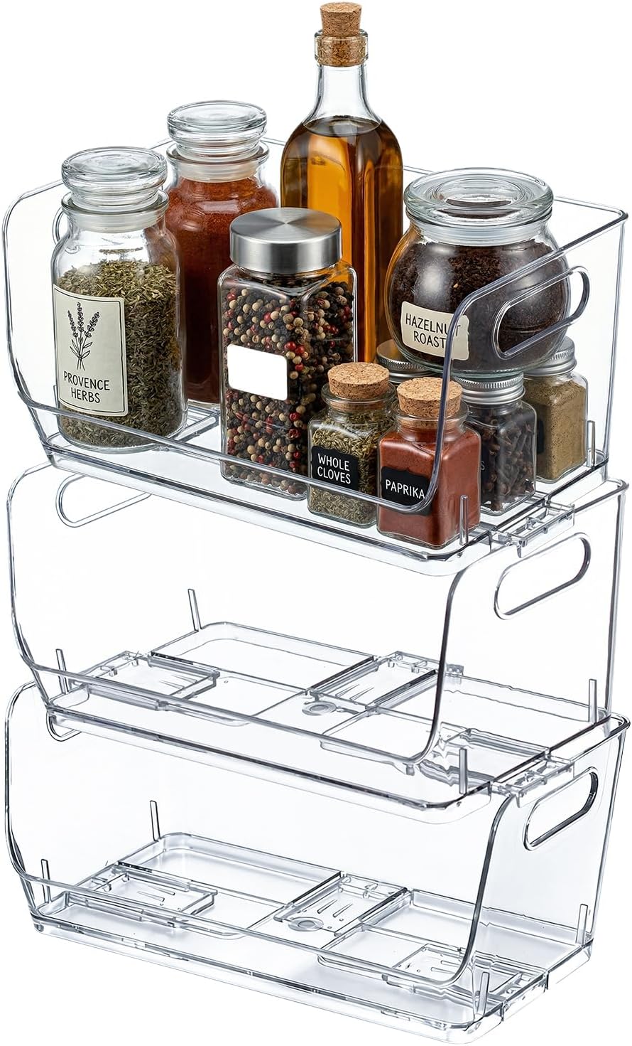 Basicwise Set of 3 Open-Front 16" Clear Storage Bins with Easy-Grip Handles Stackable Transparent Plastic Organizer Container for Pantry Cabinet Refrigerator Drawers Closets & Shelf Organization, XL