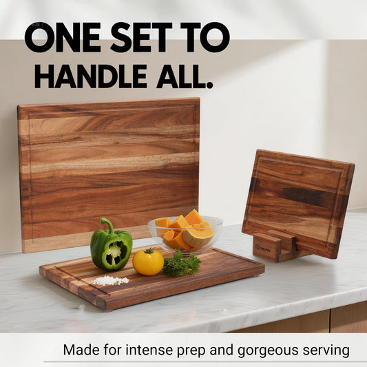 Acacia Wood Cutting Board Set with Stand | 3 Pcs Knife-Friendly Non-Slip Wooden Cutting Boards for Kitchen | 0.7″Thick Butcher Block | Large Solid Chopping Boards with Juice Groove