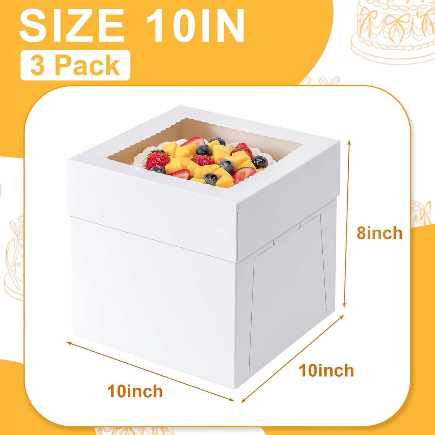 3 Pack Cake Boxes 10 Inch, 10x10x8 Inches Tall Cake Large Box, Disposable Cakes Transport Containers with Lids, Bakery Boxes with Large Window, for Cookies Pies Cupcakes Pastry-Wedding,Birthday, Party
