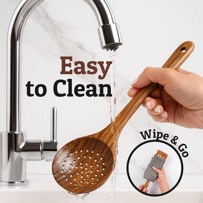 PriorityChef Wooden Slotted Spoon - Premium Teak Cooking Utensil for Frying, Straining & Serving - Long Handle Kitchen Spoon for Nonstick Cookware - Handcrafted Durable Wood