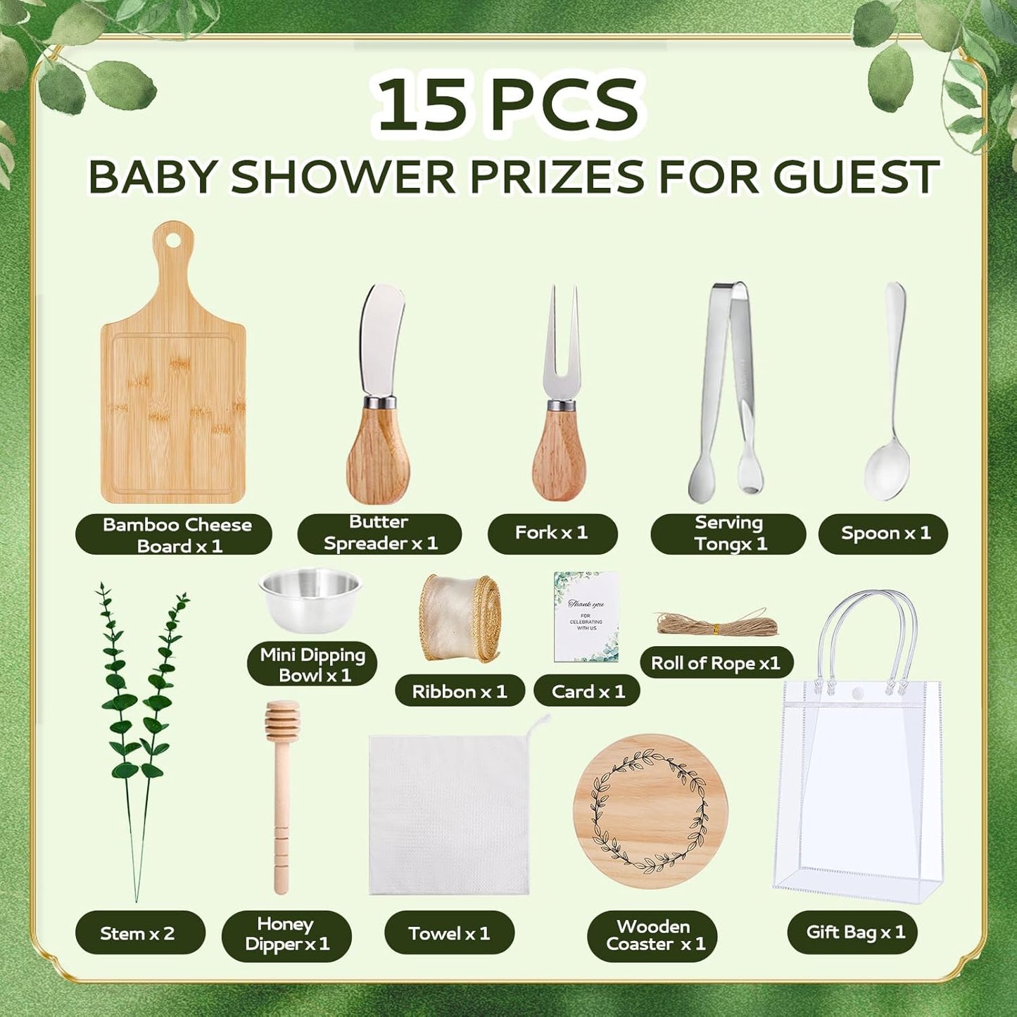 Baby Shower Prizes for Game Winners 6 Sets Cheese Board Honey Dipper Charcuterie Utensils Set Towel Thank You Card and Gift Bags for Baby Shower Wedding Bridal Shower Favors (6 Set-Bamboo, Silver)