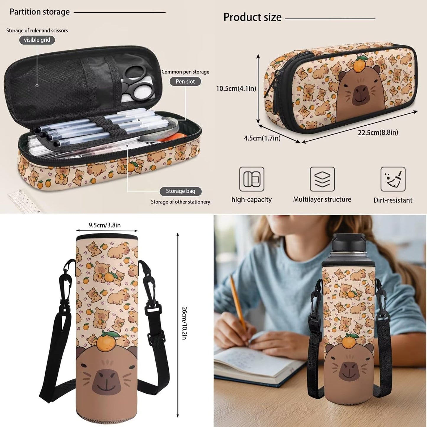 Cute Capybara Pizza Backpack for Girls, 5 Pcs Boys School Bag Set for Kids, 17 Inch Backpacks Lunch Pencil Box Reusable Utensils Case Set for Middle Elementary School, 3rd Grade Backpack