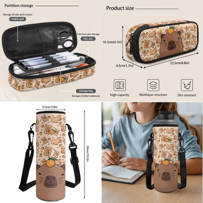Cute Capybara Pizza Backpack for Girls, 5 Pcs Boys School Bag Set for Kids, 17 Inch Backpacks Lunch Pencil Box Reusable Utensils Case Set for Middle Elementary School, 3rd Grade Backpack